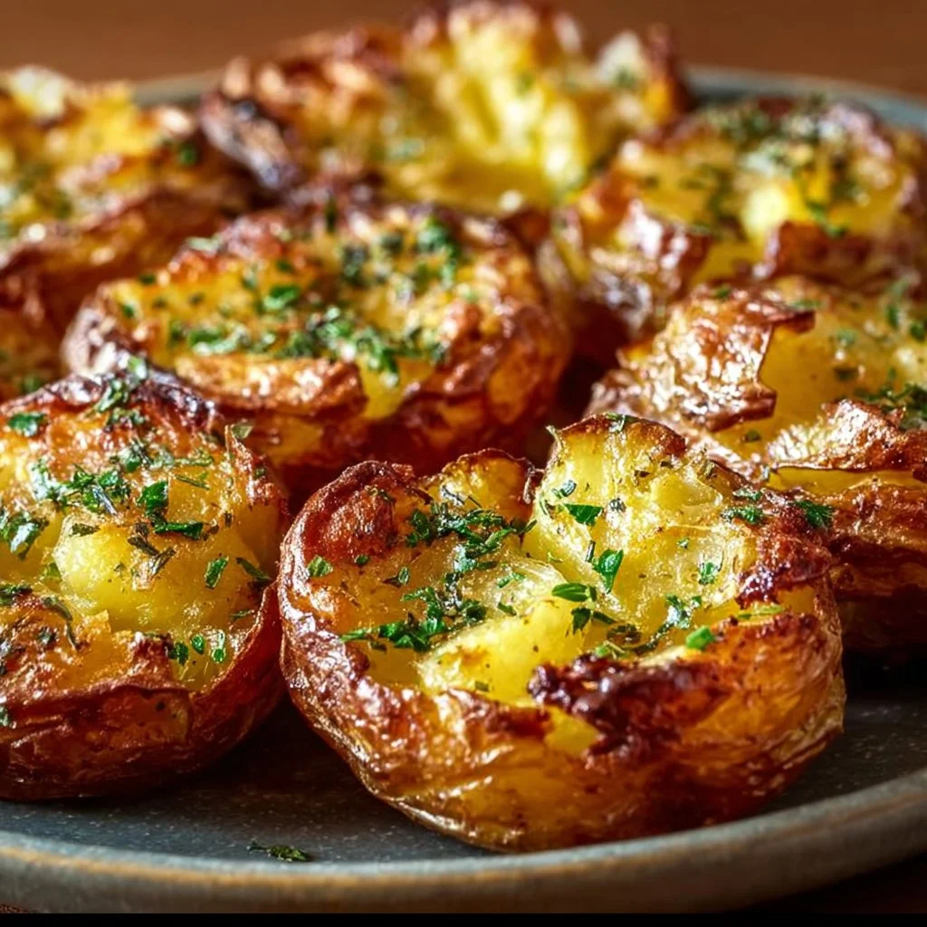 Air fryer smashed potatoes garnished with herbs and spices