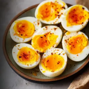 Air fryer soft boiled eggs served with toast and herbs