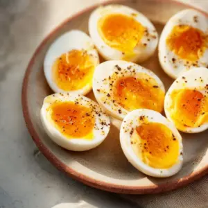 Air fryer soft boiled eggs served on a plate