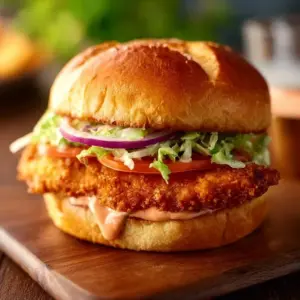 Air fried spicy chicken sandwich with crispy coating and fresh toppings