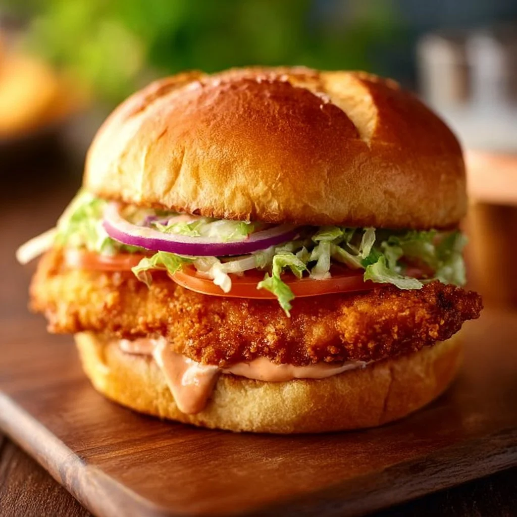Air fried spicy chicken sandwich with crispy coating and fresh toppings
