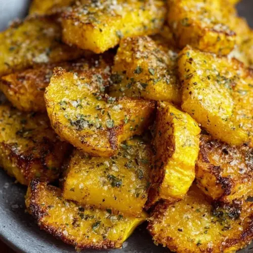 Crispy air fryer squash garnished and served on a plate