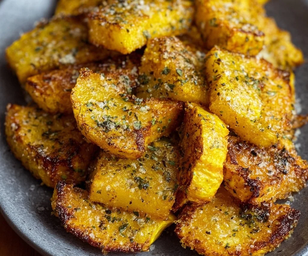 Crispy air fryer squash garnished and served on a plate