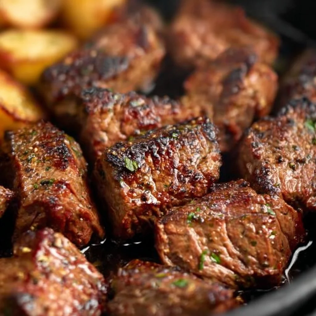 Delicious air fryer steak tips cooking in a basket, perfectly browned and juicy.