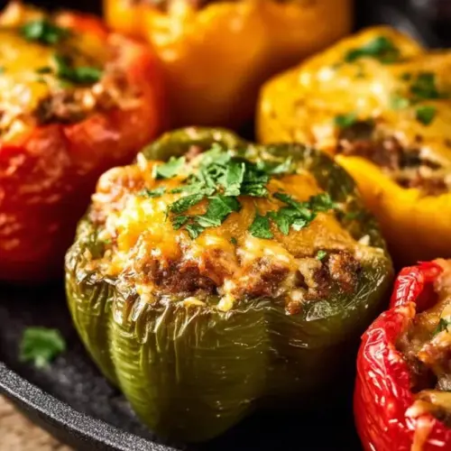 Air fryer stuffed peppers filled with rice, vegetables, and spices, ready to serve.