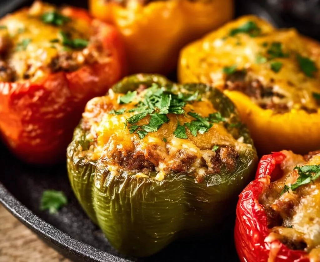 Air fryer stuffed peppers filled with rice, vegetables, and spices, ready to serve.