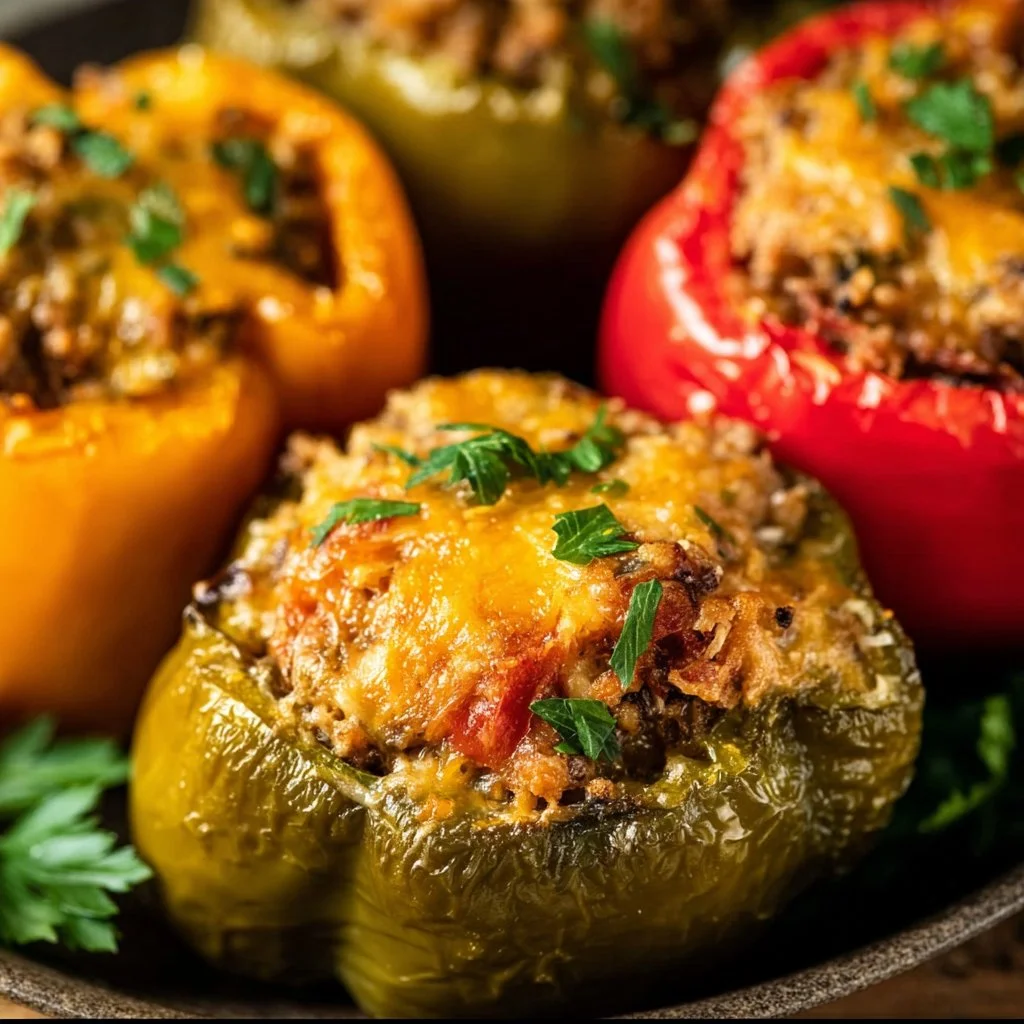 Air fryer stuffed peppers filled with veggies and meat, served on a plate.