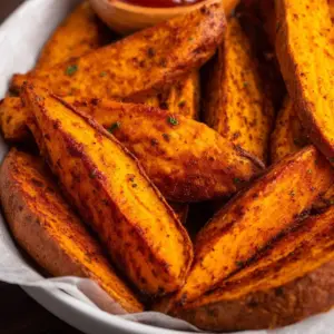 Crispy air fryer sweet potato wedges on a plate, garnished with herbs.