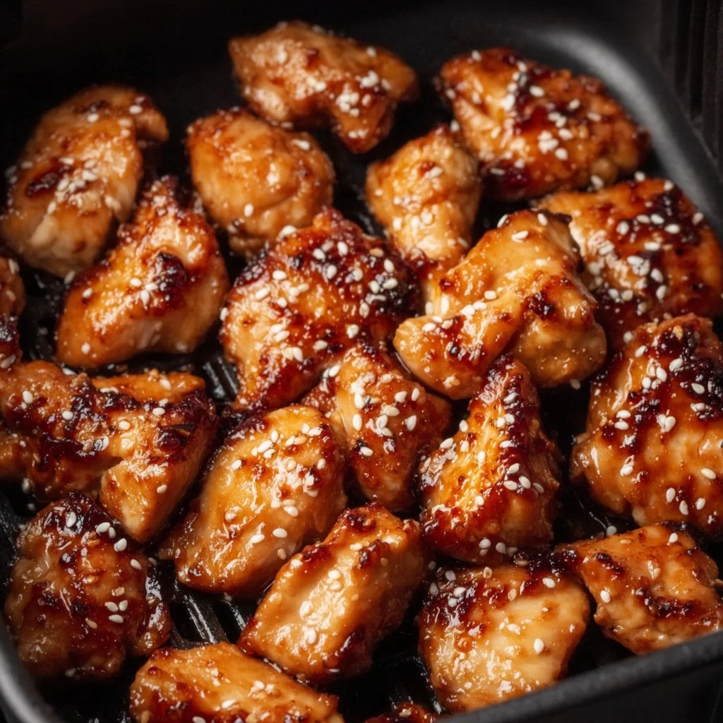 Plate of Air Fryer Teriyaki Chicken garnished with sesame seeds and green onions