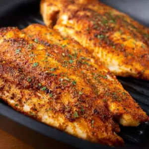 Air fryer tilapia dish with chicken, garnished and served on a plate.