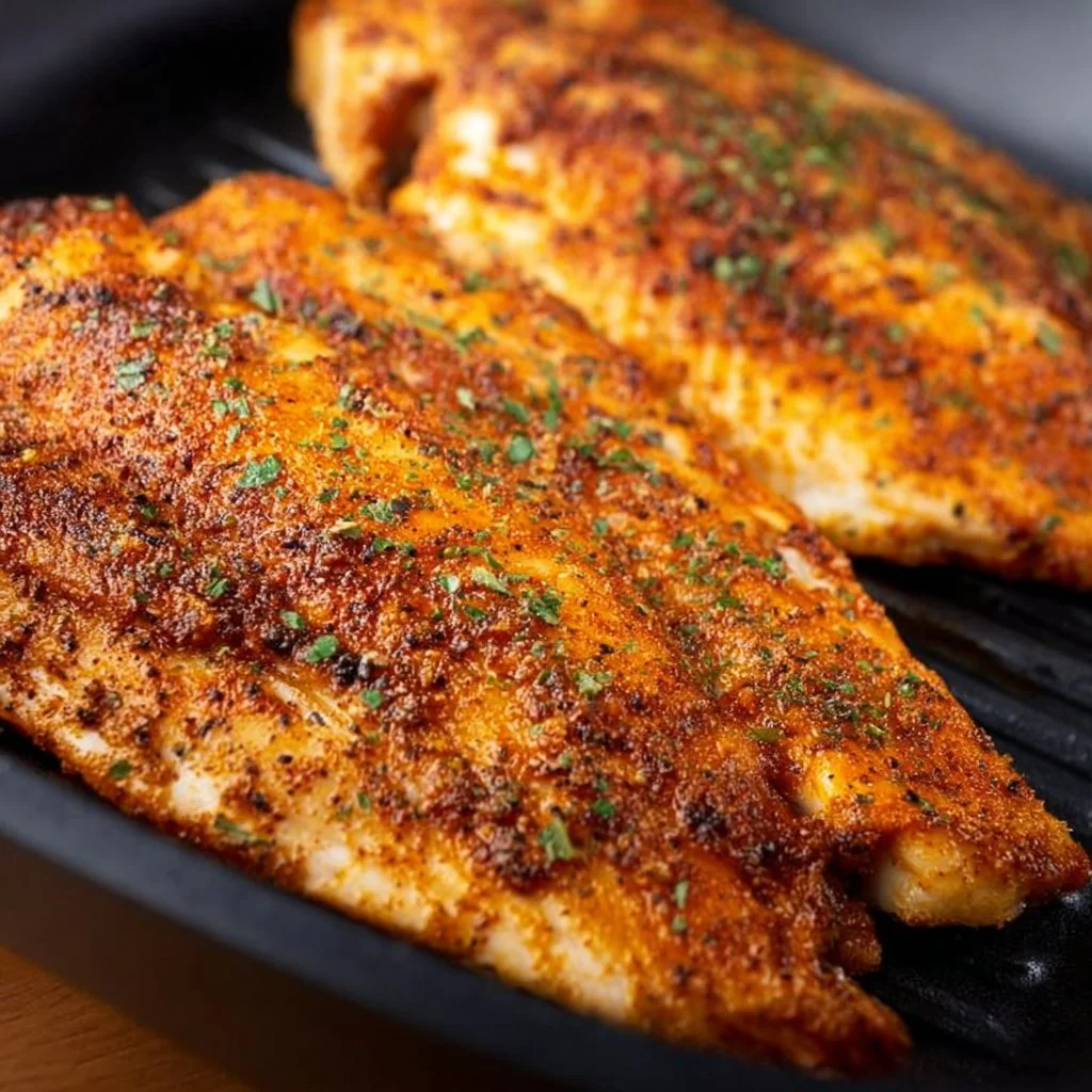 Air fryer tilapia dish with chicken, garnished and served on a plate.