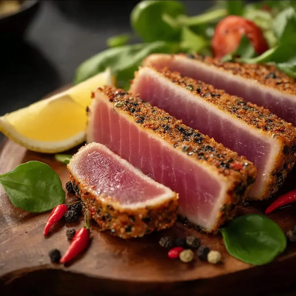 Air fryer tuna steak served on a plate with vegetables