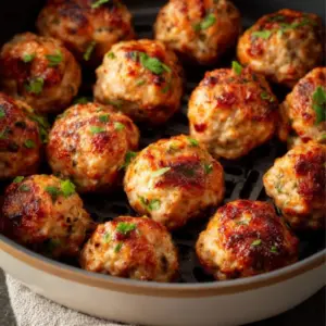 Delicious air fryer turkey meatballs served on a plate with dipping sauce