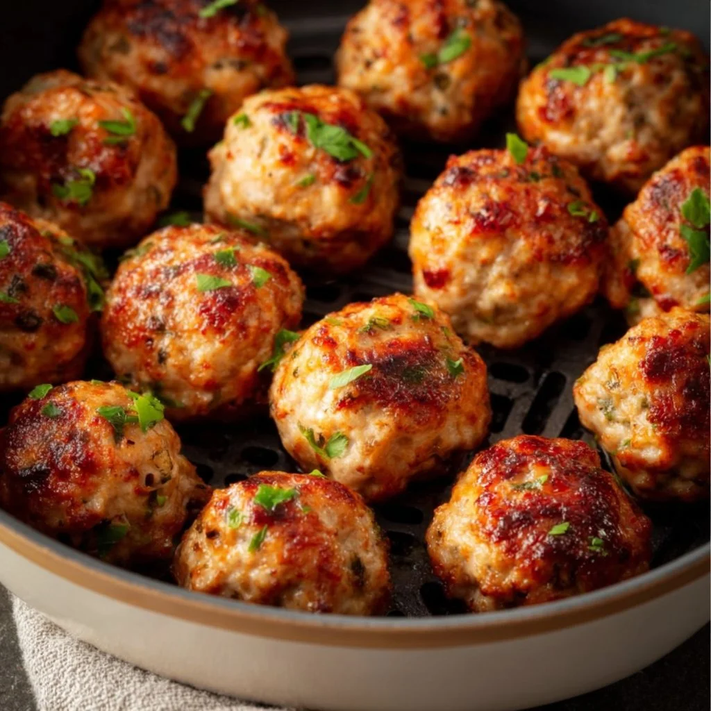 Delicious air fryer turkey meatballs served on a plate with dipping sauce