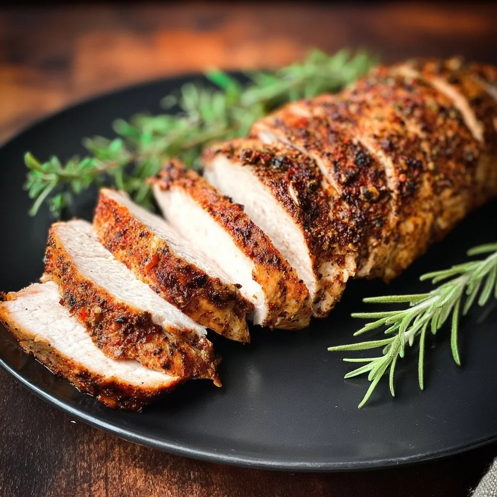 Air fryer turkey tenderloin served with veggies on a plate