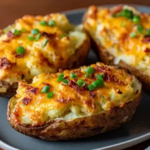 Air fryer twice baked potatoes topped with cheese and herbs