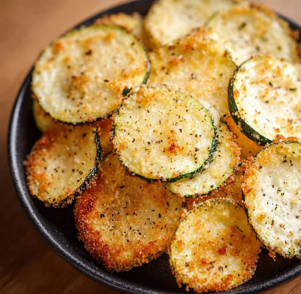 Crispy air fryer zucchini slices served on a plate