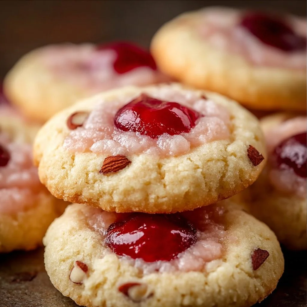 Delicious Almond Cherry Cookies with almonds and cherries on a plate