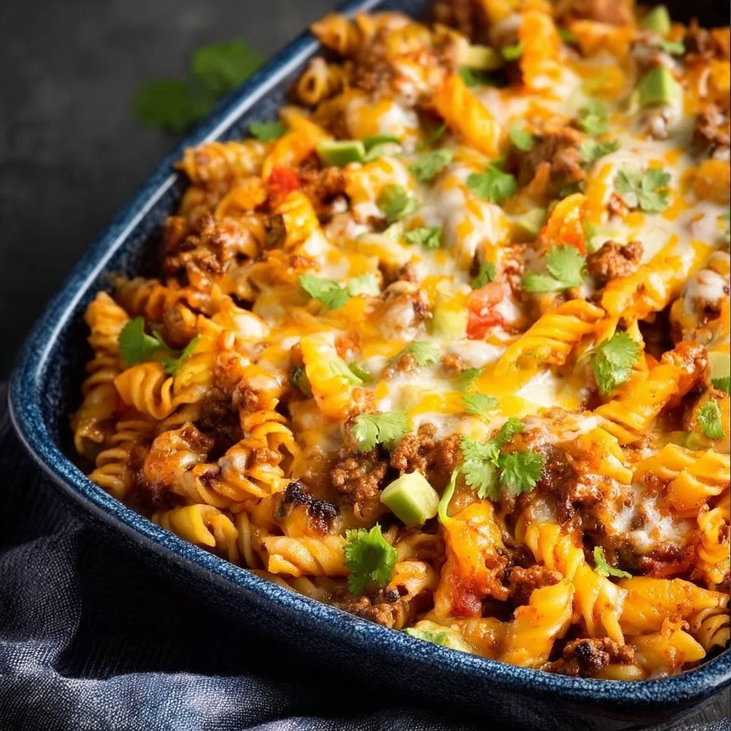 Baked Mexican Pasta dish topped with cheese and fresh ingredients