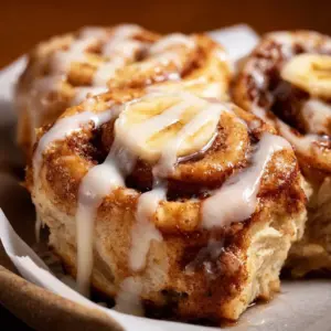 Delicious homemade banana cinnamon rolls topped with creamy frosting