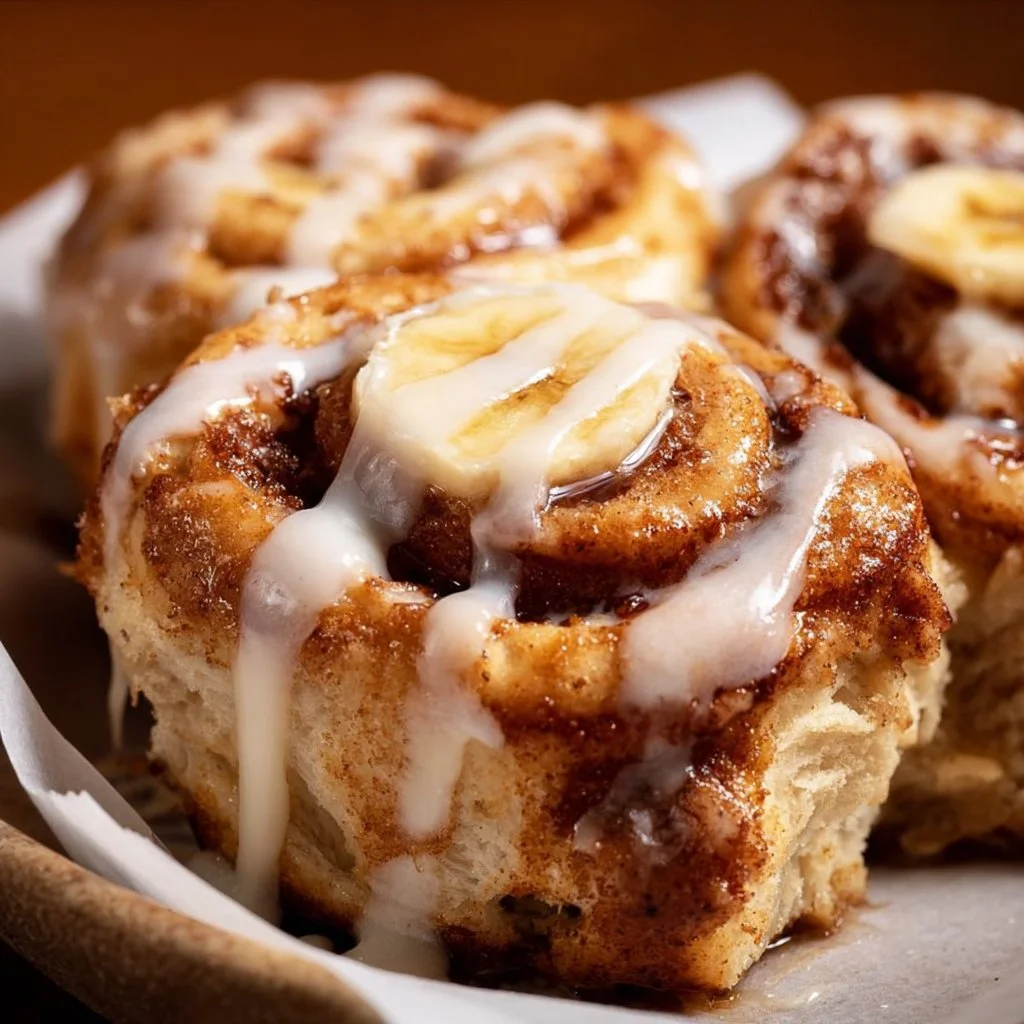 Delicious homemade banana cinnamon rolls topped with creamy frosting