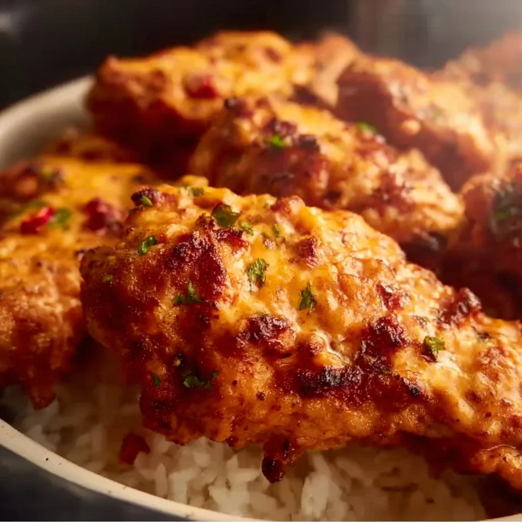 Bang Bang Air Fryer Chicken served on a plate with dipping sauce