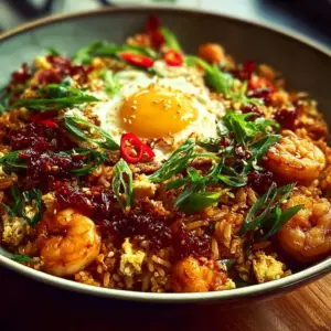 Plate of Bang Bang Fried Rice garnished with vegetables and herbs
