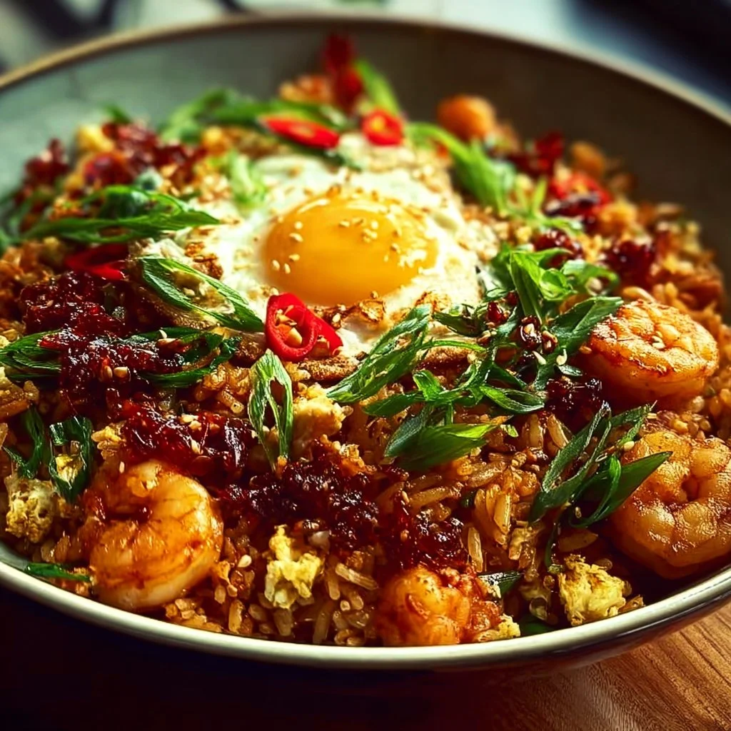 Plate of Bang Bang Fried Rice garnished with vegetables and herbs