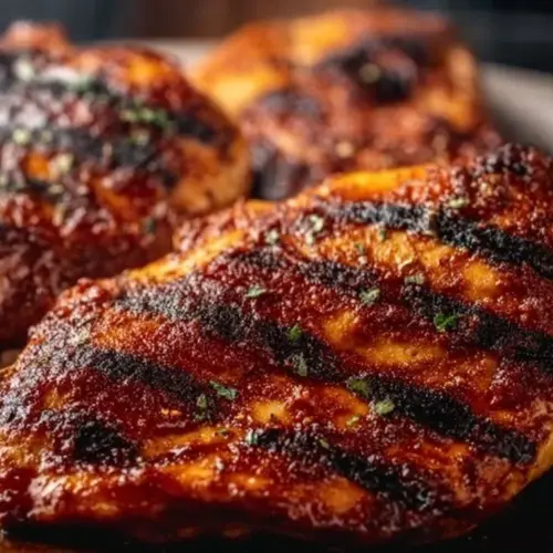 Juicy BBQ chicken breast garnished with herbs on a grill plate