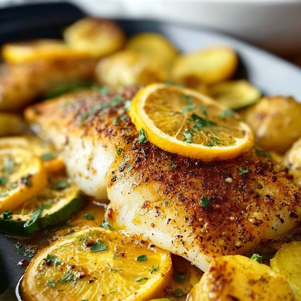 Delicious baked orange roughy served on a plate with herbs and lemon