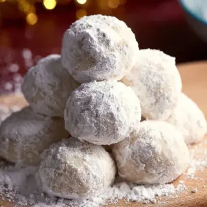 Delicious snowball cookies dusted with powdered sugar on a festive plate