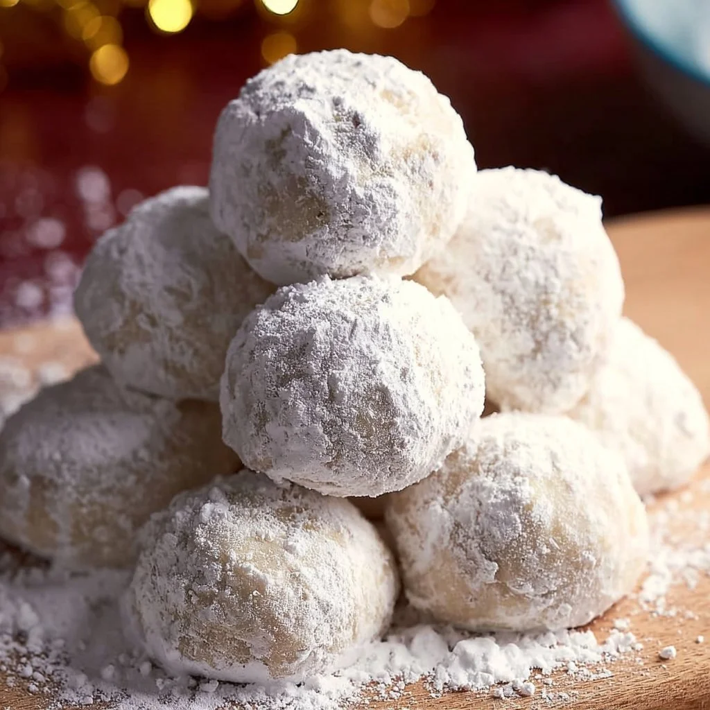Delicious snowball cookies dusted with powdered sugar on a festive plate