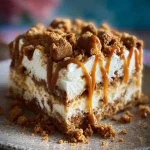 Delicious Biscoff Poke Cake topped with creamy frosting and cookie crumbles