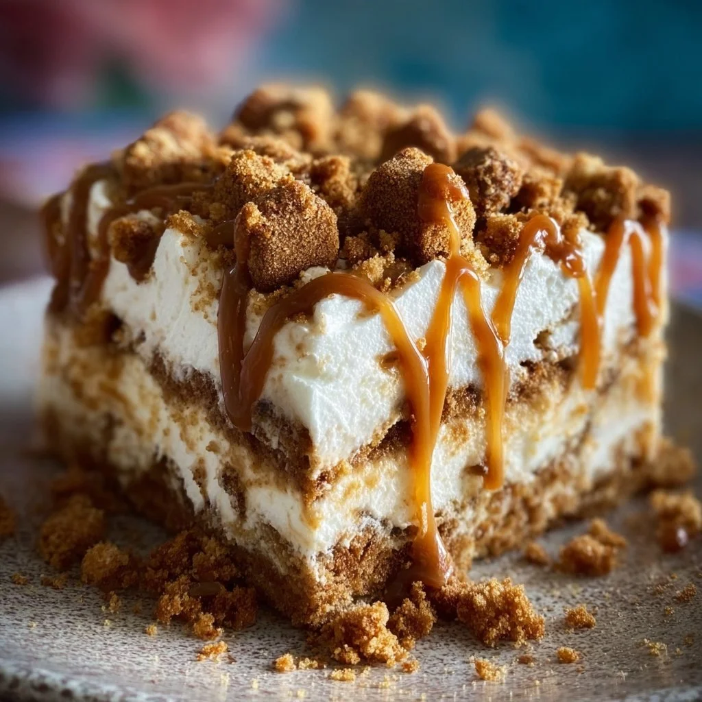 Delicious Biscoff Poke Cake topped with creamy frosting and cookie crumbles