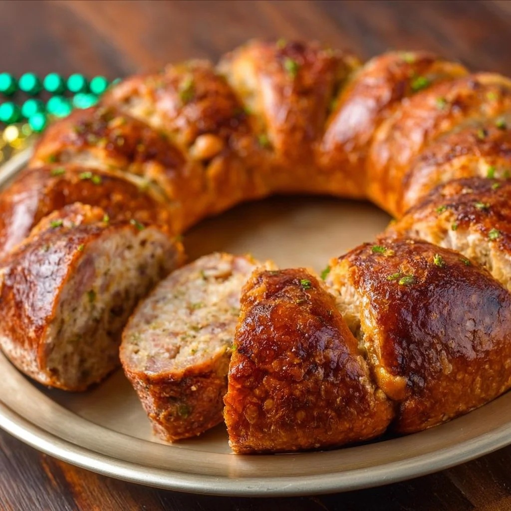 Boudin Sausage King Cake showcasing savory fillings and vibrant colors