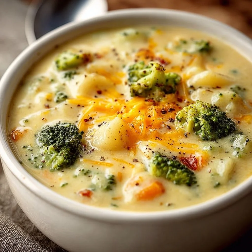 Delicious bowl of broccoli potato cheese soup topped with fresh herbs