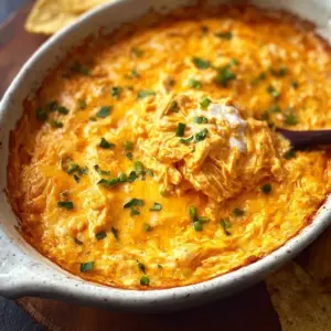 Bowl of spicy Buffalo Chicken Dip with tortilla chips on the side