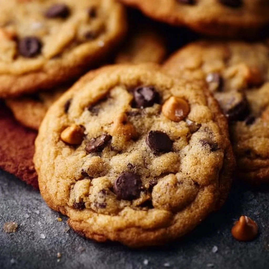 Freshly baked butterscotch chocolate chip cookies on a cooling rack.