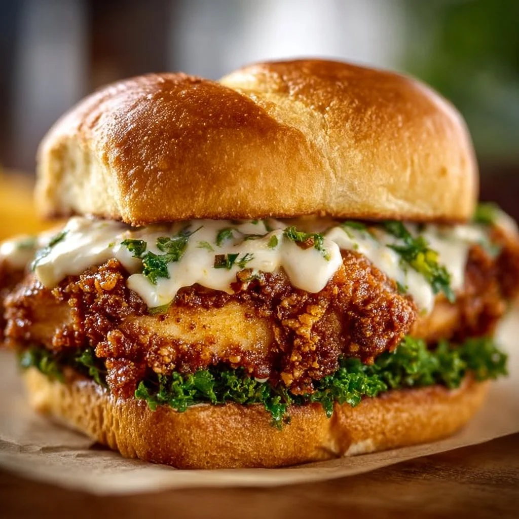 Cajun crispy chicken sandwich with garlic aioli and fresh toppings