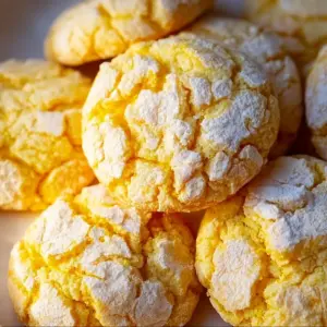 Freshly baked cake mix lemon crinkle cookies dusted with powdered sugar.