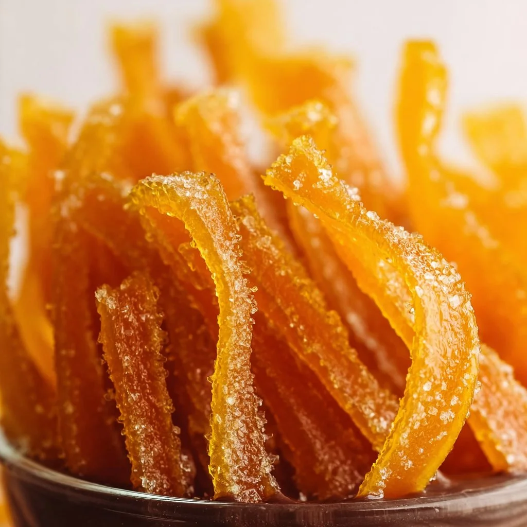 Delicious homemade candied orange peel pieces on a wooden kitchen table
