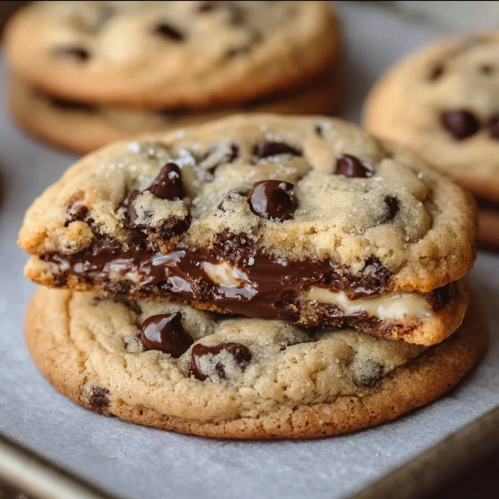 Cheesecake stuffed chocolate chip cookies on a plate