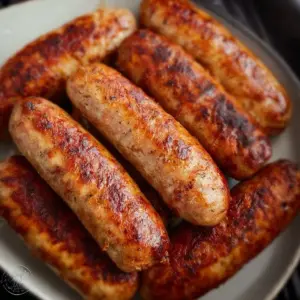 Delicious chicken sausage cooked in an air fryer with fresh herbs and spices.