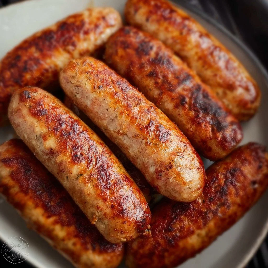 Delicious chicken sausage cooked in an air fryer with fresh herbs and spices.