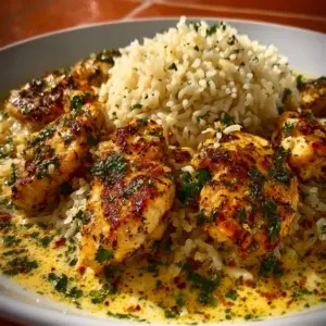 Plate of Chicken Scampi with Garlic Parmesan Rice garnished with herbs