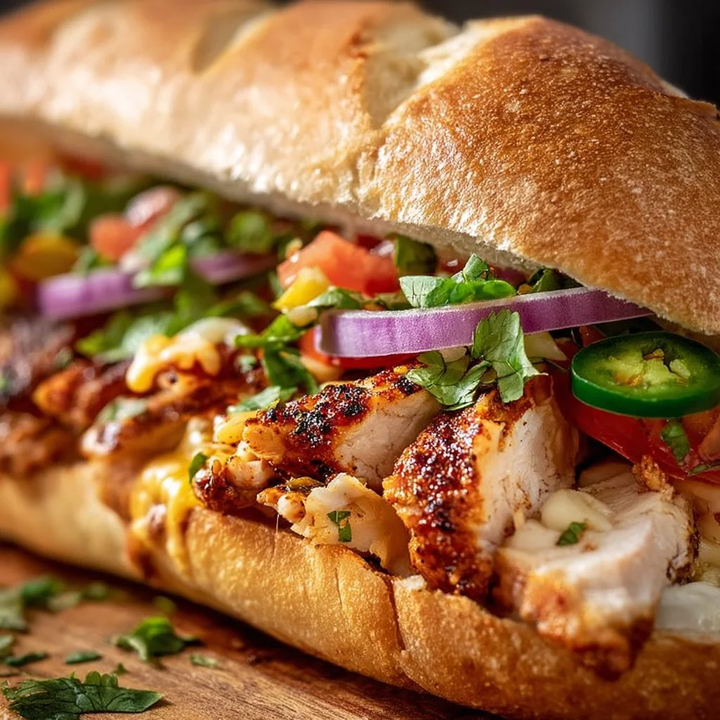 Delicious Chicken Torta Sandwich with fresh ingredients and spices.