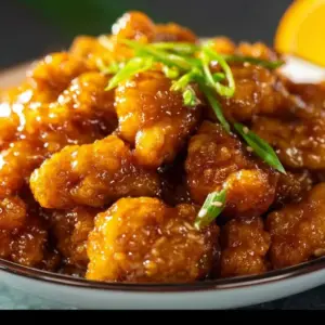 Succulent Chinese Orange Chicken garnished with sesame seeds and green onions