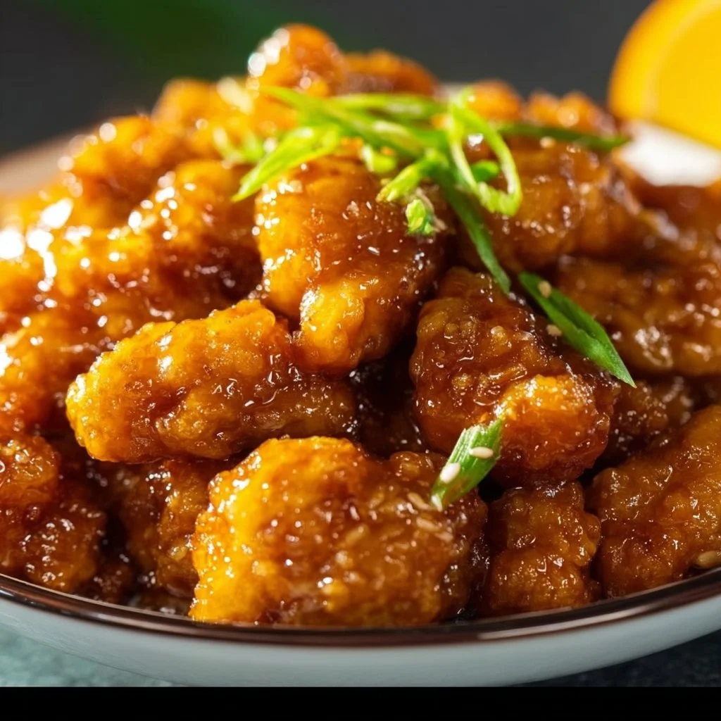 Succulent Chinese Orange Chicken garnished with sesame seeds and green onions