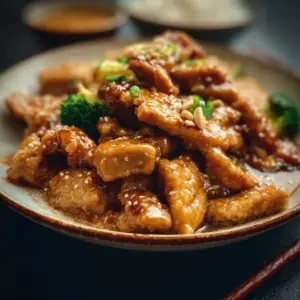 Delicious plate of Chinese Peanut Butter Chicken garnished with green onions.