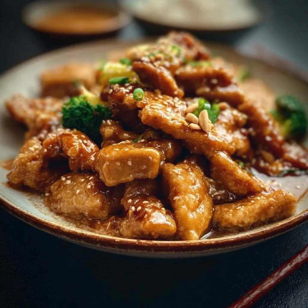 Delicious plate of Chinese Peanut Butter Chicken garnished with green onions.